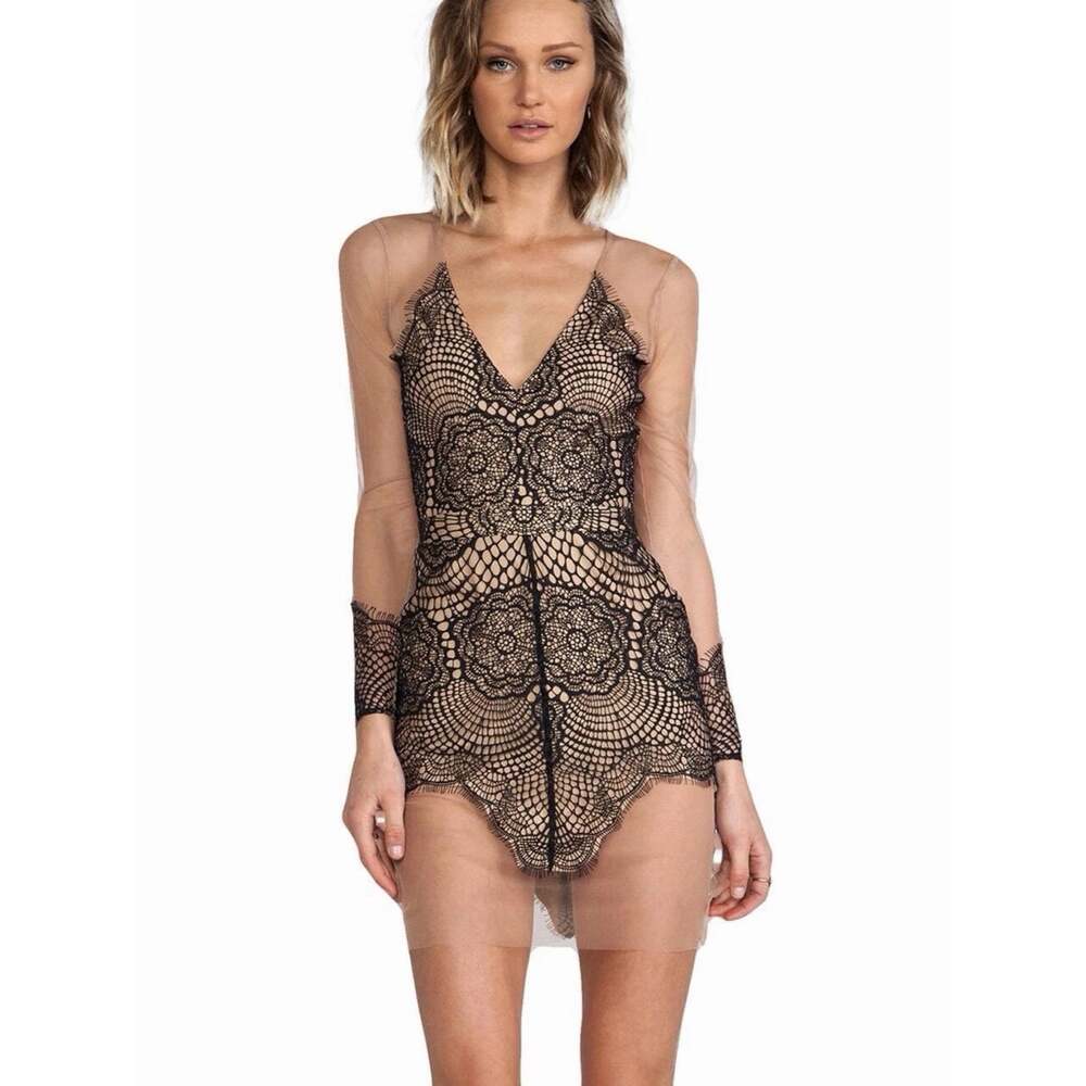 For Love & Lemons (S) Antigua Mini Dress Black Lace Nude Mesh Embroidered